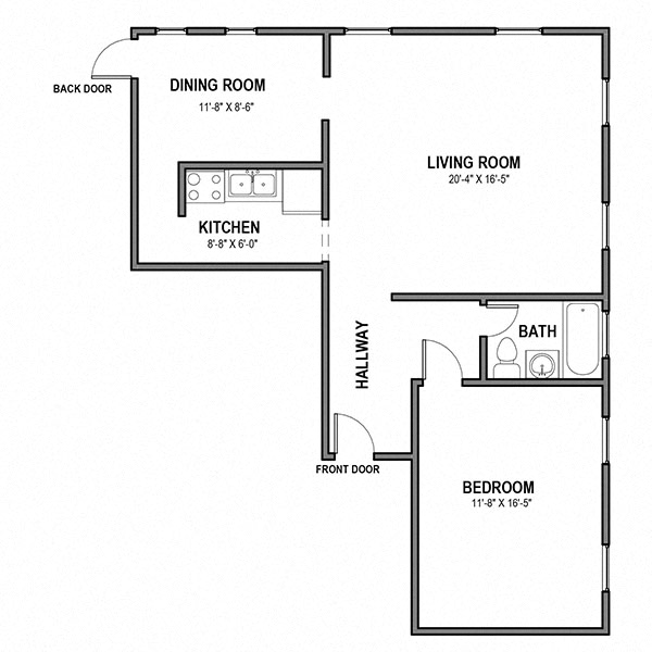 Floor plan for 1 bed, 1 bath, 721 sqft